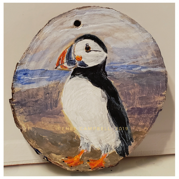 Ornament - "Puffin" Puffin on Wood Slice Home Decor