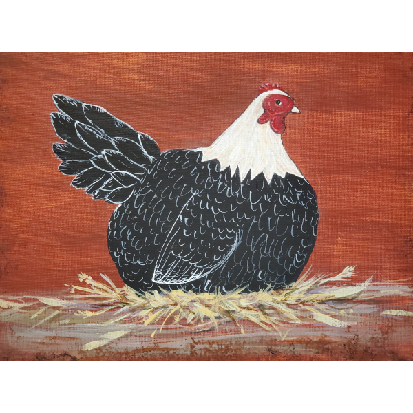 Country Prim Laying Hen, 8 x 10 Painting