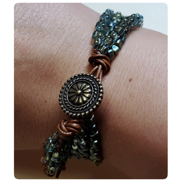 Gypsy Wildflower Bracelet in Sage Colorway with Leather and Beads
