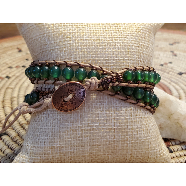 Green Agate Double Wrap Bracelet with Leather and Beads, Button Closure