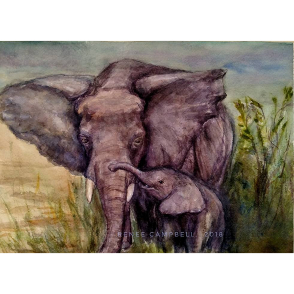 Original “Mother Elephant & Child” Watercolor Painting by Renee Campbell, 9x12