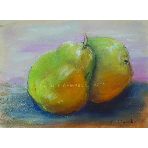 Original Pears Study, Pastel Painting by Renee Campbell, Small 5" x 7" Drawing