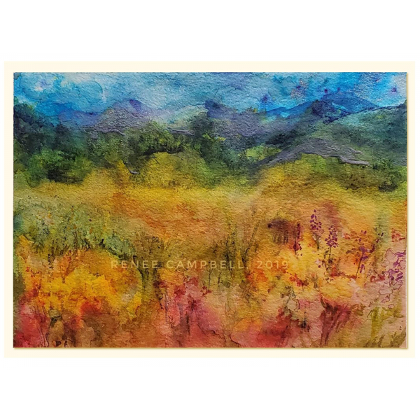Original "Fantasy Meadow," Watercolor, Mixed Media Small Painting, Unframed