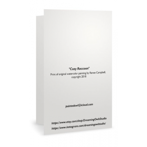 Back of Cozy Raccoon Art Print Card, 7" x 5"