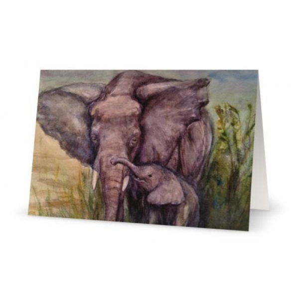Elephant Mother & Child, Artwork Print, Blank Greeting Card by Renee Campbell
