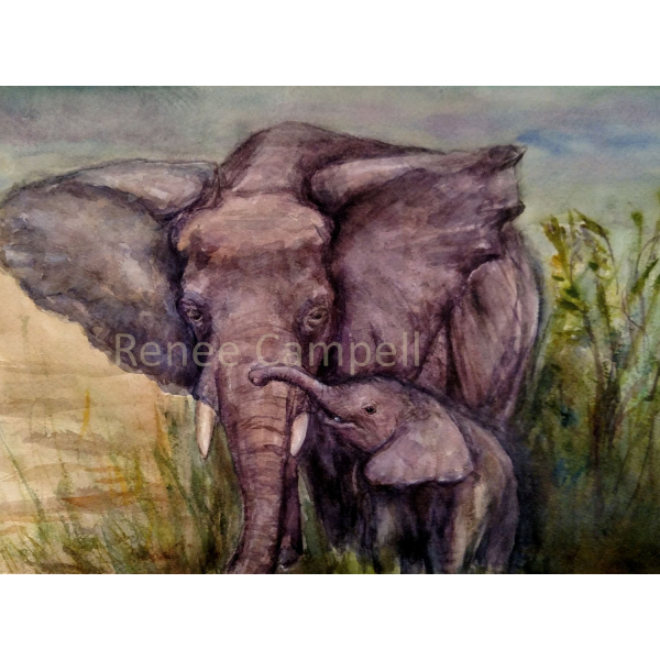 Print of Elephant Mother & Child Watercolor Painting by Renee Campbell