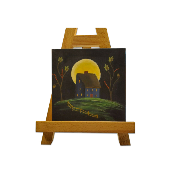 Blue Salt Box with Moon Painting on Easel