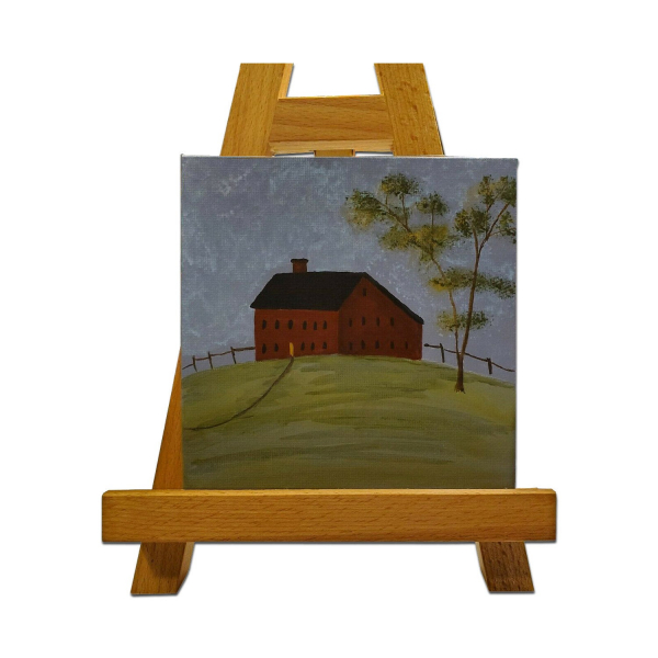 Meeting House 6x6 painting on easel, shown for scale only