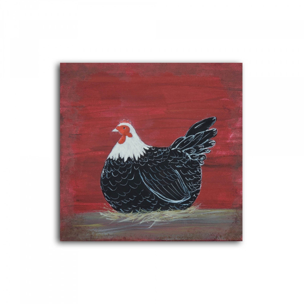 Country Prim Laying Hen with Barn Red Background