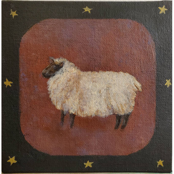 Close up, Acrylic painting of Shetland Sheep, in American Primitive Style