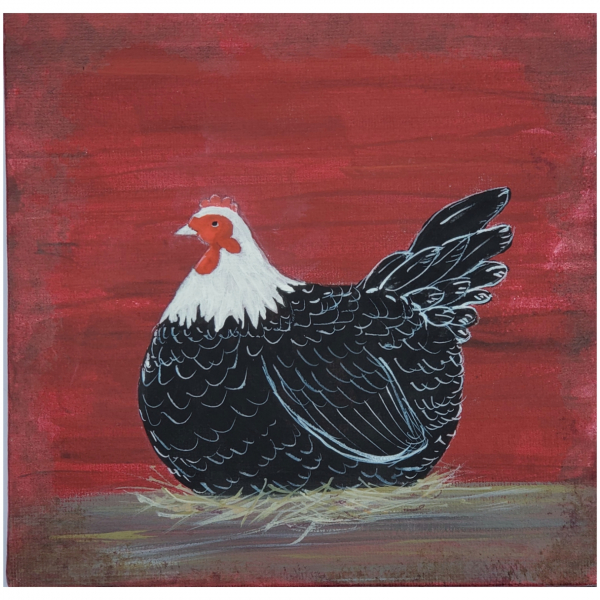 Country Prim Laying Hen with Barn Red Background