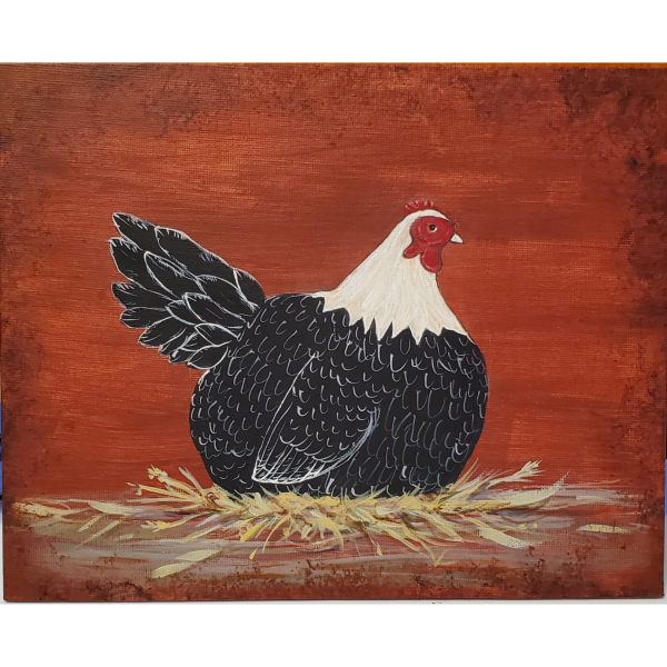 Country Prim Laying Hen, 8 x 10 Painting