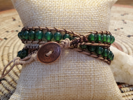 Green Agate Double Wrap Bracelet with Leather and Beads, Button Closure Green Agate Double Wrap Bracelet with Leather and Beads, Button Closure