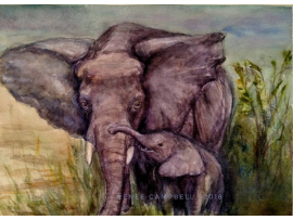 Original “Mother Elephant & Child” Watercolor Painting by Renee Campbell, 9x12
