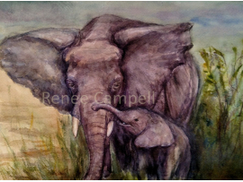 Print of Elephant Mother & Child Watercolor Painting by Renee Campbell
