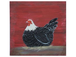 Country Prim Laying Hen with Barn Red Background