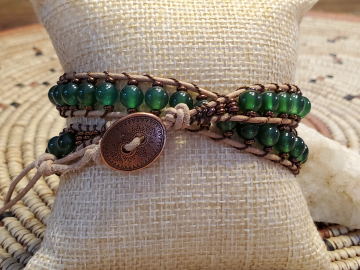 Green Agate Wrap Bracelet, Beads and Natural Leather