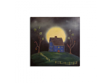 Misty Blue Saltbox House - Clouds & Moon, 6" x 6" Painting